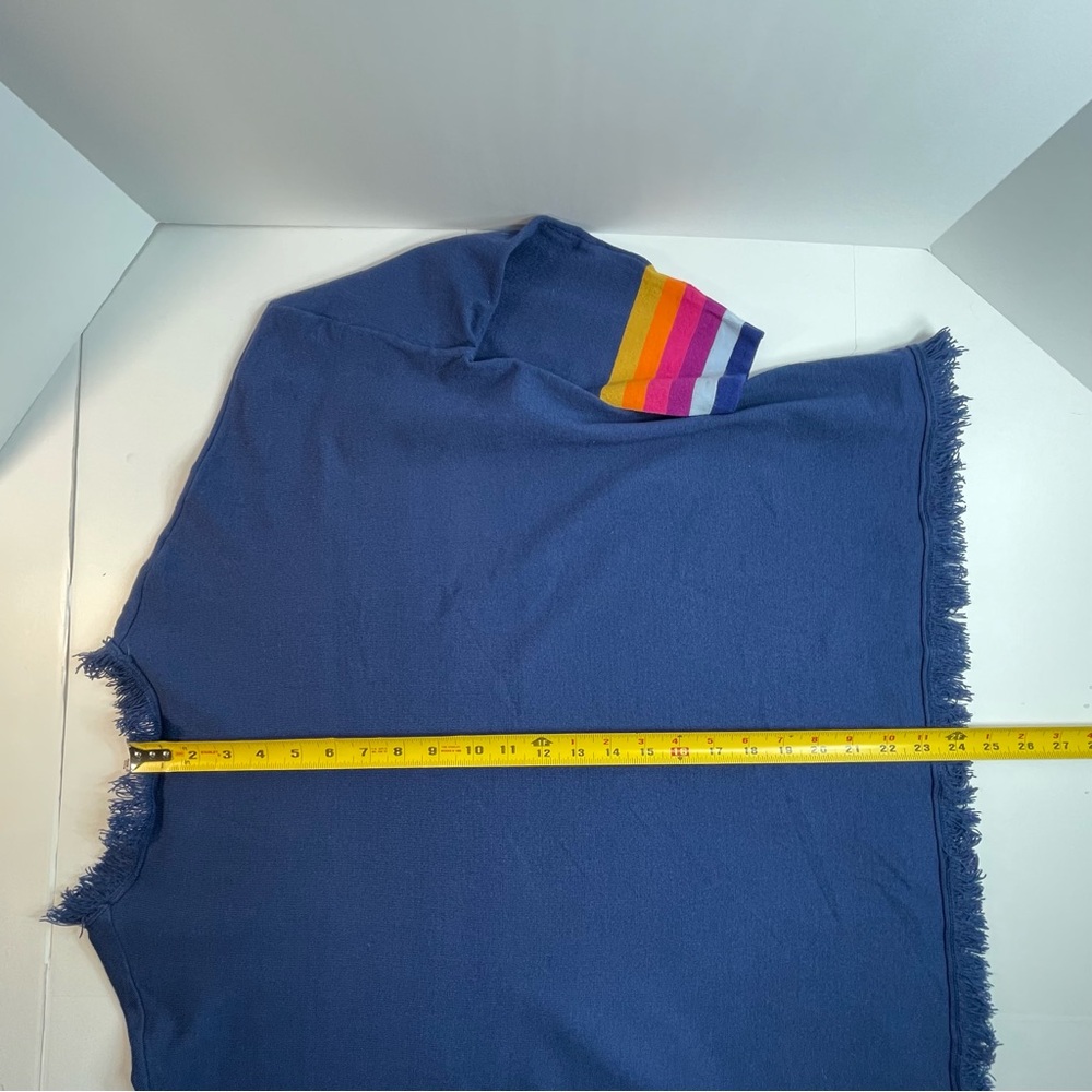 THML Women's Blue Sweater Fringe Neck & Hem Rainbow Stripe Cuff Size Medium - Picture 8 of 8